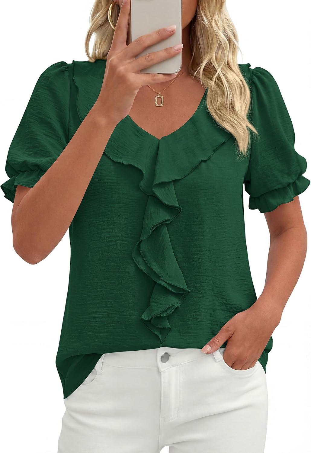 imagePRETTYGARDEN Womens Summer Dressy Casual Blouses 2026 Short Sleeve V Neck Ruffle Business Work Tops Trendy Spring OutfitsDark Green