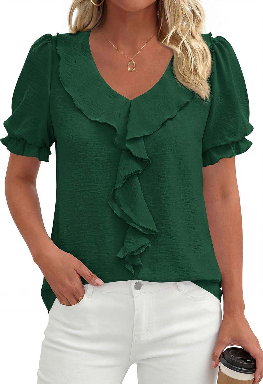 imagePRETTYGARDEN Womens Summer Dressy Casual Blouses 2026 Short Sleeve V Neck Ruffle Business Work Tops Trendy Spring OutfitsDark Green