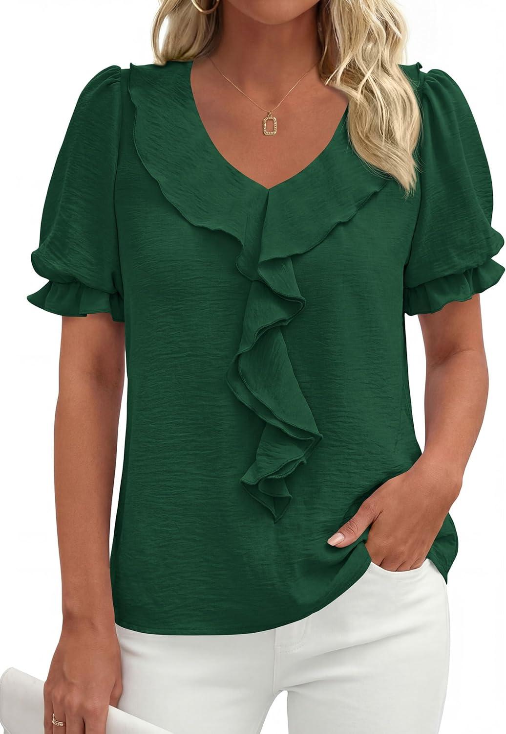 imagePRETTYGARDEN Womens Summer Dressy Casual Blouses 2026 Short Sleeve V Neck Ruffle Business Work Tops Trendy Spring OutfitsDark Green