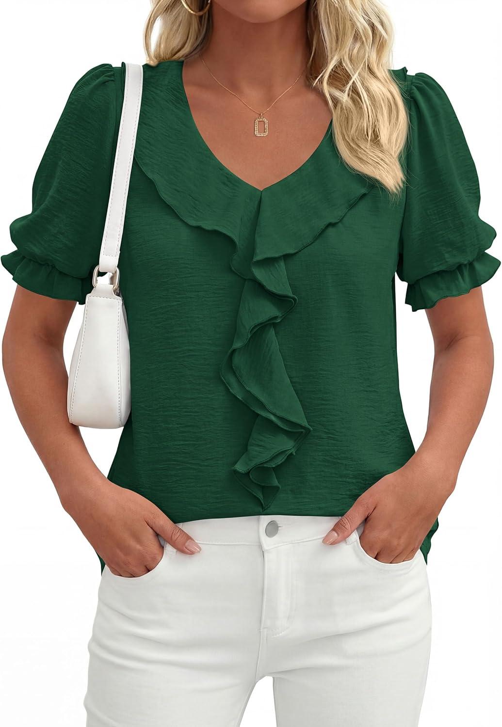imagePRETTYGARDEN Womens Summer Dressy Casual Blouses 2026 Short Sleeve V Neck Ruffle Business Work Tops Trendy Spring OutfitsDark Green