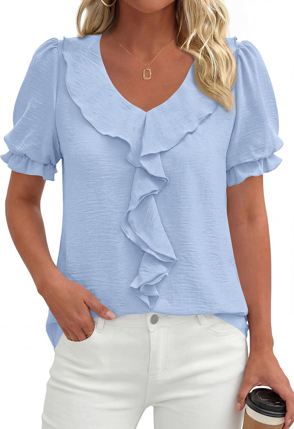 imagePRETTYGARDEN Womens Summer Dressy Casual Blouses 2026 Short Sleeve V Neck Ruffle Business Work Tops Trendy Spring OutfitsLight Blue