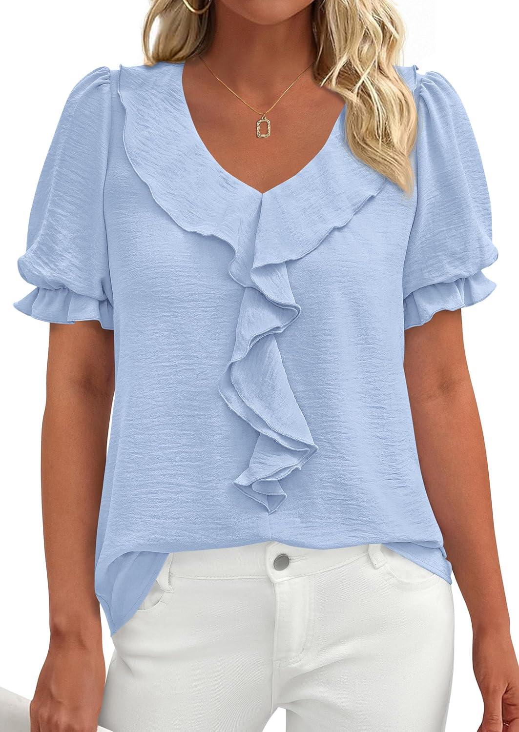 imagePRETTYGARDEN Womens Summer Dressy Casual Blouses 2026 Short Sleeve V Neck Ruffle Business Work Tops Trendy Spring OutfitsLight Blue