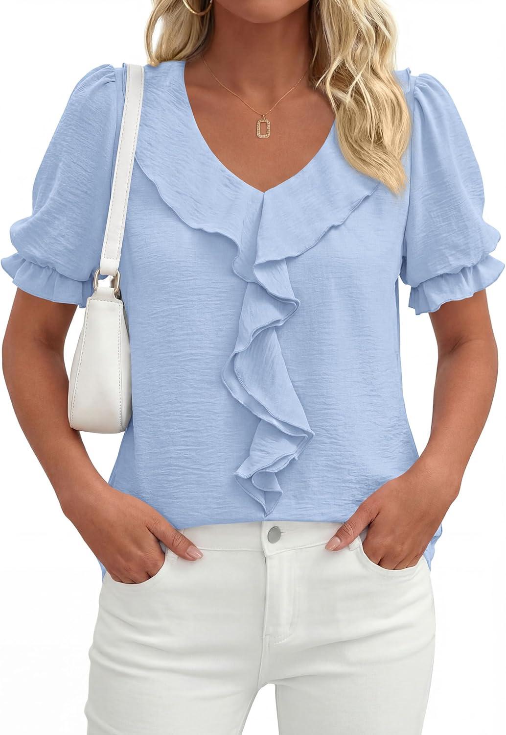 imagePRETTYGARDEN Womens Summer Dressy Casual Blouses 2026 Short Sleeve V Neck Ruffle Business Work Tops Trendy Spring OutfitsLight Blue