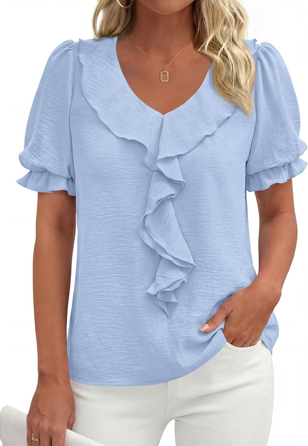 imagePRETTYGARDEN Womens Summer Dressy Casual Blouses 2026 Short Sleeve V Neck Ruffle Business Work Tops Trendy Spring OutfitsLight Blue
