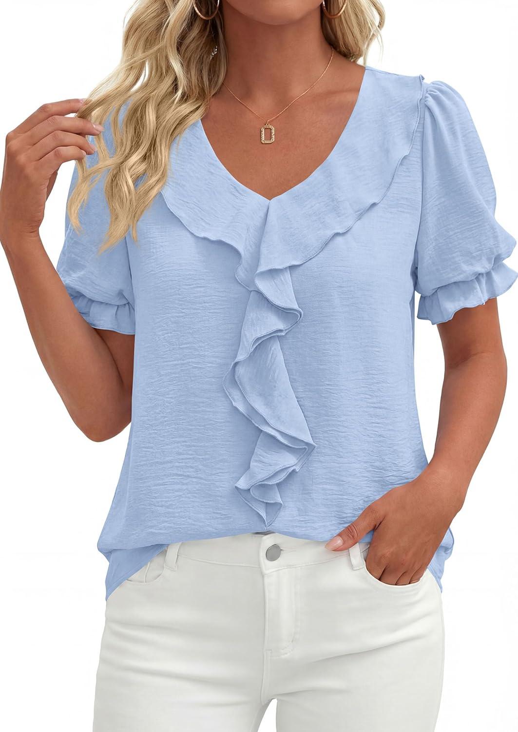 imagePRETTYGARDEN Womens Summer Dressy Casual Blouses 2026 Short Sleeve V Neck Ruffle Business Work Tops Trendy Spring OutfitsLight Blue