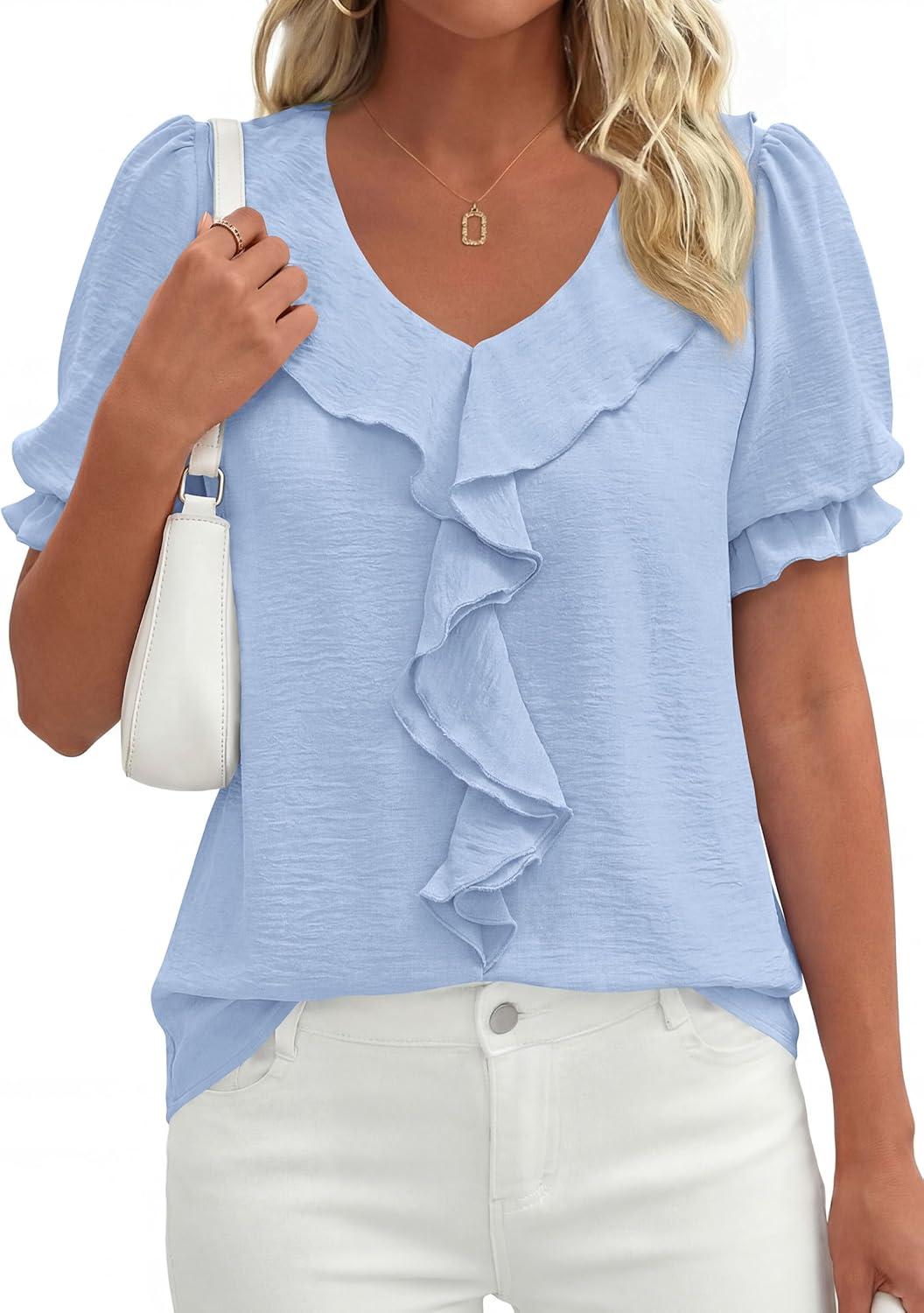 imagePRETTYGARDEN Womens Summer Dressy Casual Blouses 2026 Short Sleeve V Neck Ruffle Business Work Tops Trendy Spring OutfitsLight Blue