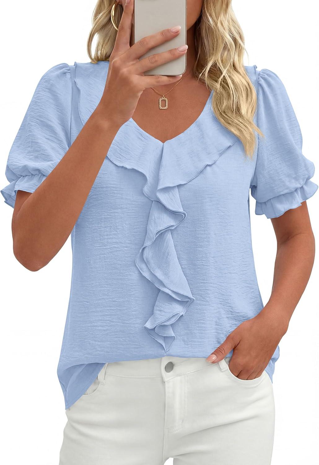 imagePRETTYGARDEN Womens Summer Dressy Casual Blouses 2026 Short Sleeve V Neck Ruffle Business Work Tops Trendy Spring OutfitsLight Blue