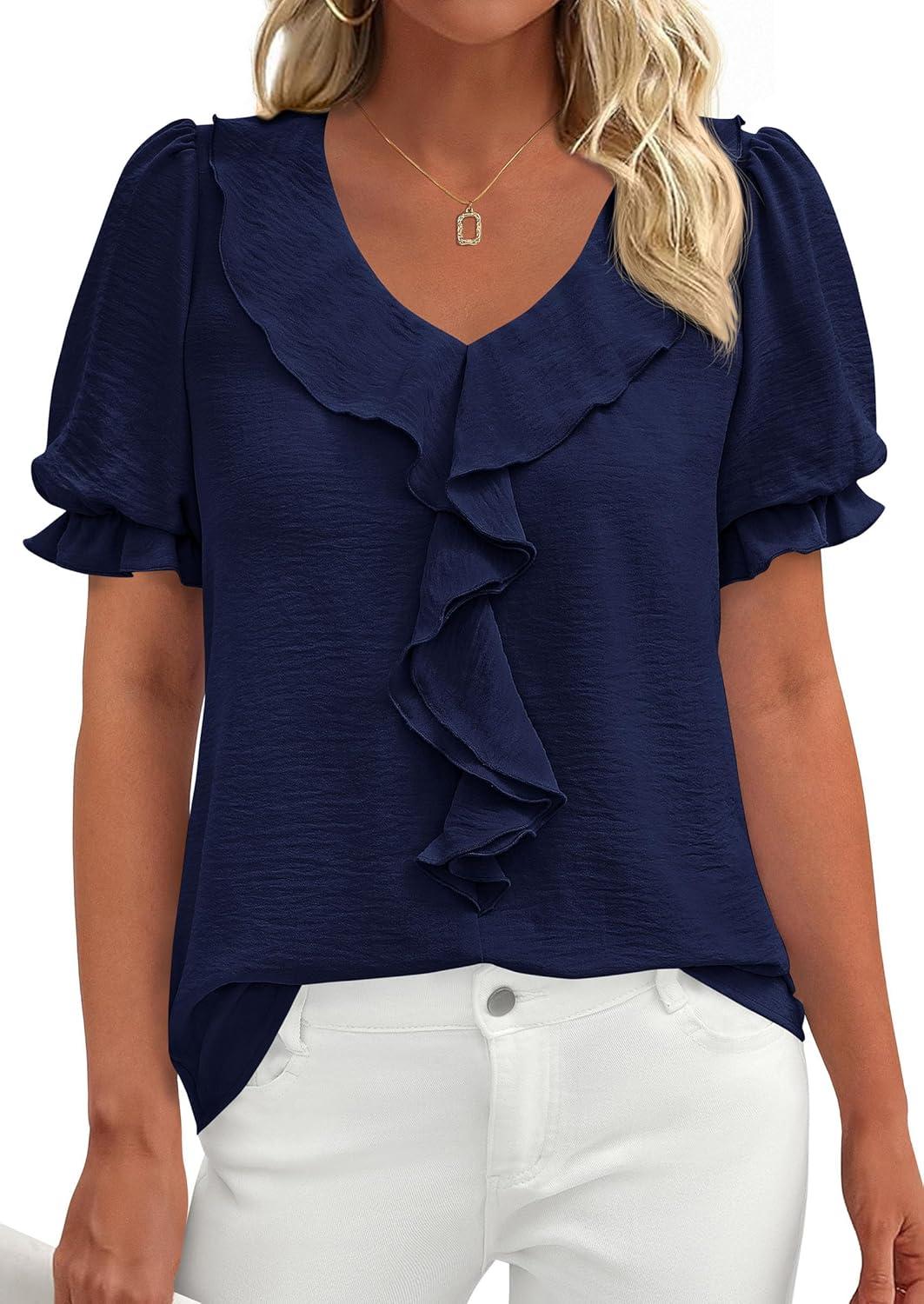 imagePRETTYGARDEN Womens Summer Dressy Casual Blouses 2026 Short Sleeve V Neck Ruffle Business Work Tops Trendy Spring OutfitsNavy Blue
