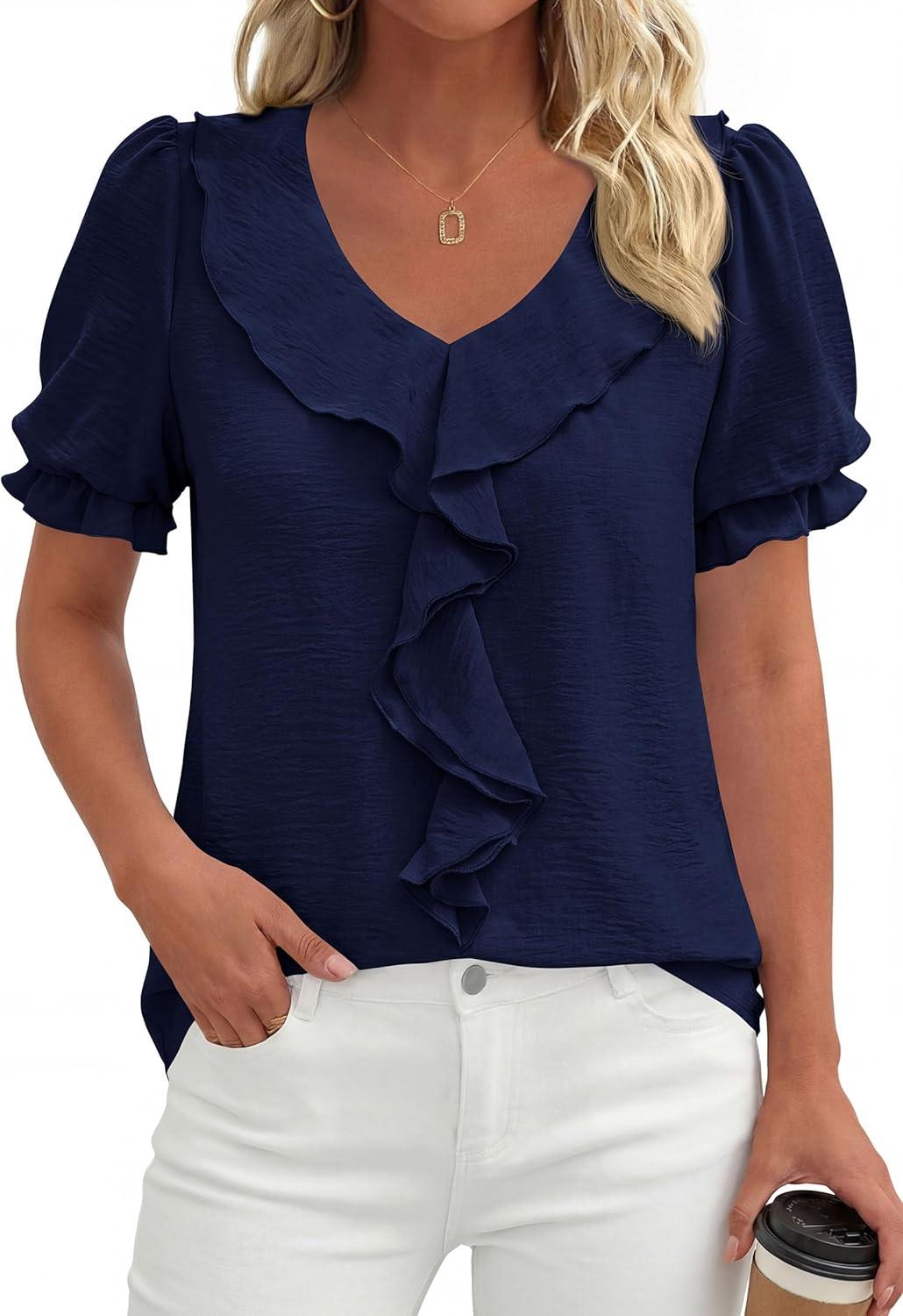 imagePRETTYGARDEN Womens Summer Dressy Casual Blouses 2026 Short Sleeve V Neck Ruffle Business Work Tops Trendy Spring OutfitsNavy Blue