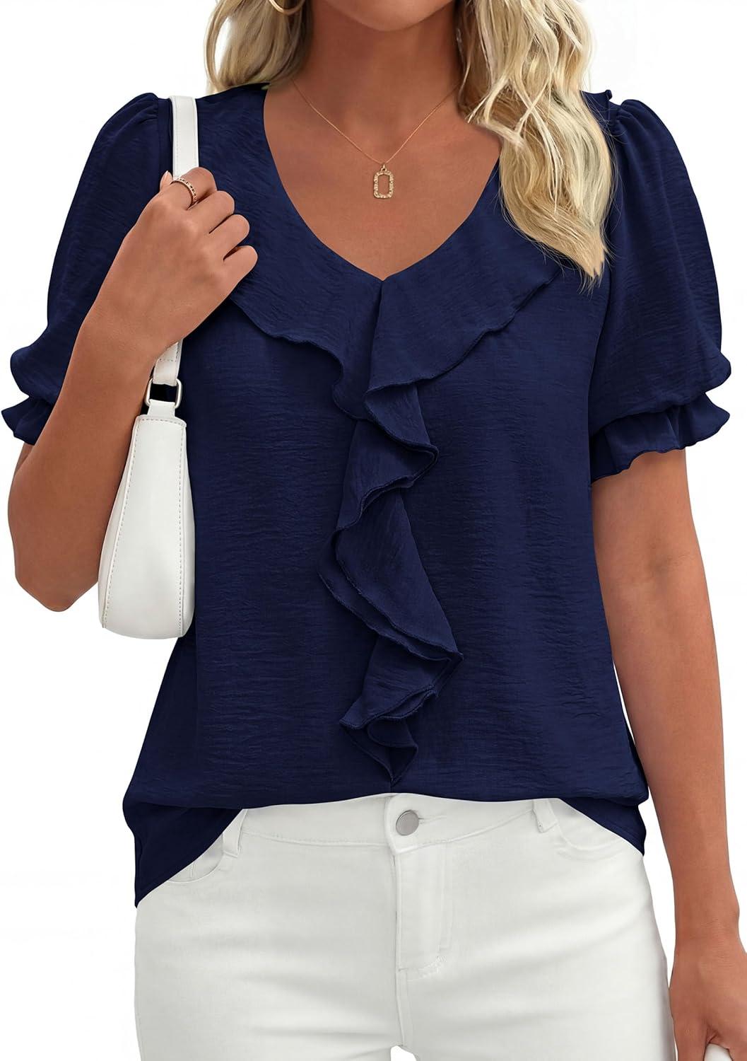 imagePRETTYGARDEN Womens Summer Dressy Casual Blouses 2026 Short Sleeve V Neck Ruffle Business Work Tops Trendy Spring OutfitsNavy Blue