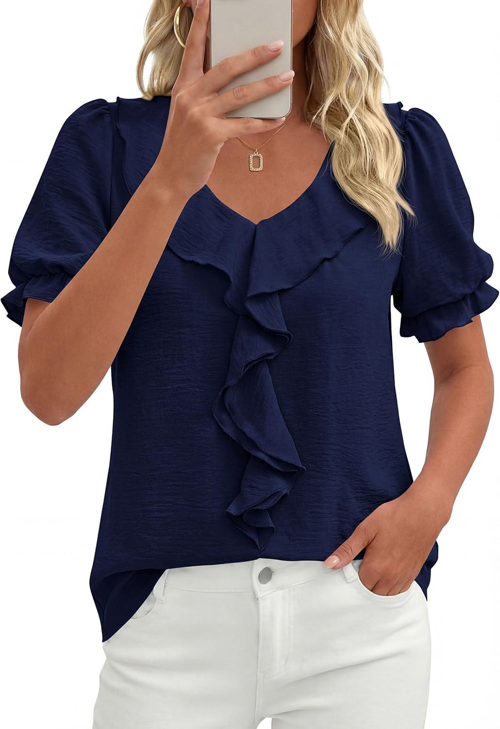 imagePRETTYGARDEN Womens Summer Dressy Casual Blouses 2026 Short Sleeve V Neck Ruffle Business Work Tops Trendy Spring OutfitsNavy Blue
