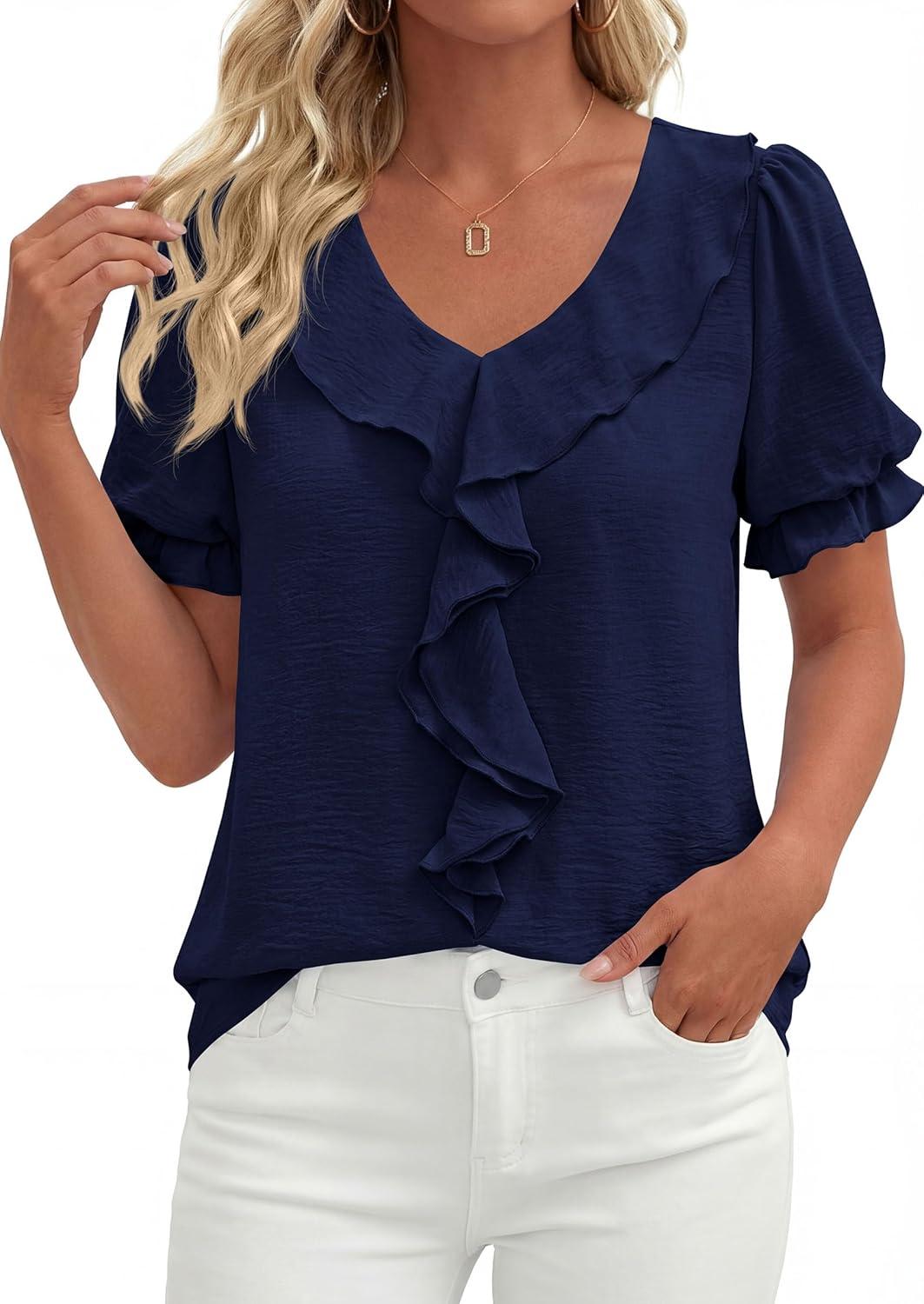 imagePRETTYGARDEN Womens Summer Dressy Casual Blouses 2026 Short Sleeve V Neck Ruffle Business Work Tops Trendy Spring OutfitsNavy Blue