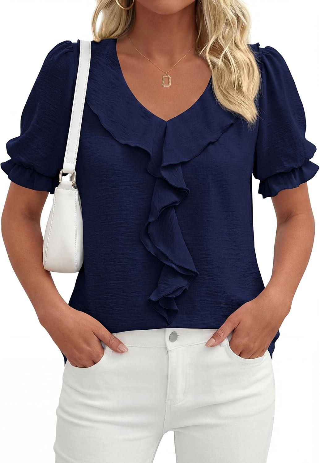 imagePRETTYGARDEN Womens Summer Dressy Casual Blouses 2026 Short Sleeve V Neck Ruffle Business Work Tops Trendy Spring OutfitsNavy Blue