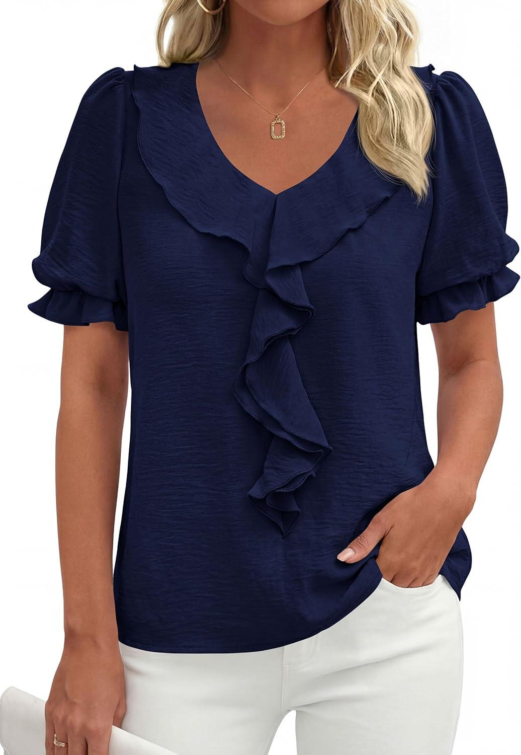 imagePRETTYGARDEN Womens Summer Dressy Casual Blouses 2026 Short Sleeve V Neck Ruffle Business Work Tops Trendy Spring OutfitsNavy Blue
