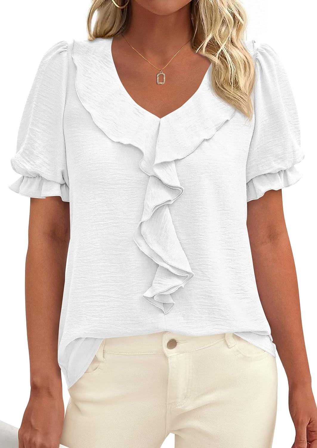 imagePRETTYGARDEN Womens Summer Dressy Casual Blouses 2026 Short Sleeve V Neck Ruffle Business Work Tops Trendy Spring OutfitsWhite