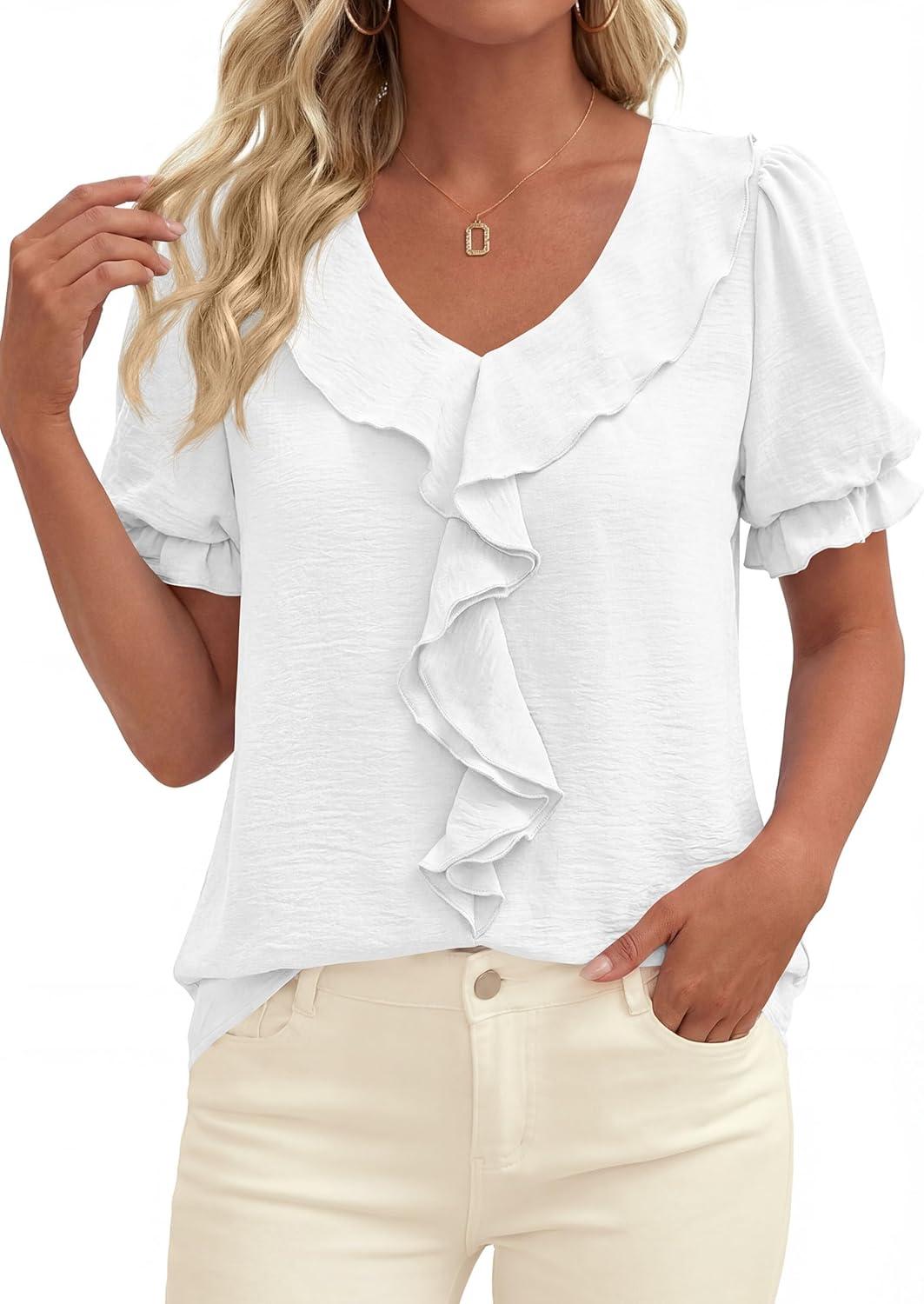 imagePRETTYGARDEN Womens Summer Dressy Casual Blouses 2026 Short Sleeve V Neck Ruffle Business Work Tops Trendy Spring OutfitsWhite