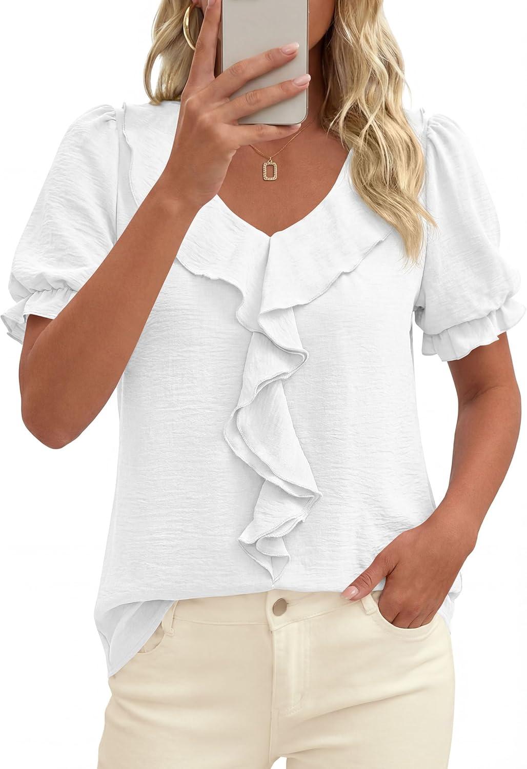 imagePRETTYGARDEN Womens Summer Dressy Casual Blouses 2026 Short Sleeve V Neck Ruffle Business Work Tops Trendy Spring OutfitsWhite