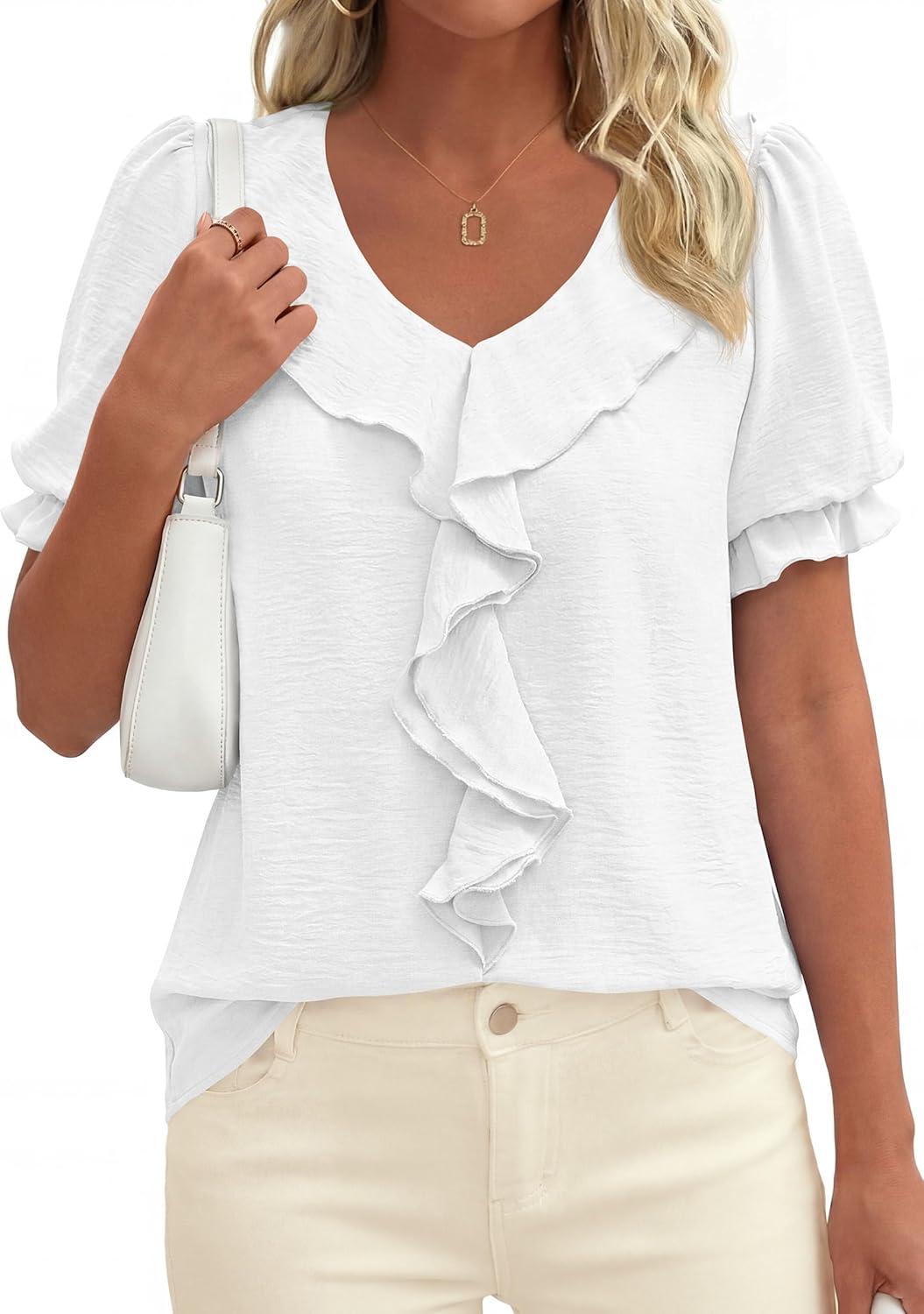 imagePRETTYGARDEN Womens Summer Dressy Casual Blouses 2026 Short Sleeve V Neck Ruffle Business Work Tops Trendy Spring OutfitsWhite