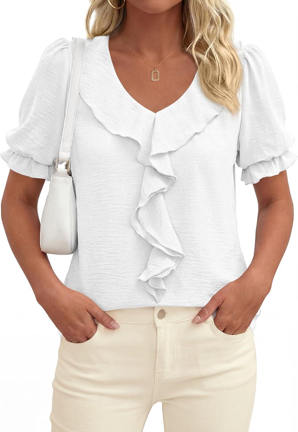 imagePRETTYGARDEN Womens Summer Dressy Casual Blouses 2026 Short Sleeve V Neck Ruffle Business Work Tops Trendy Spring OutfitsWhite