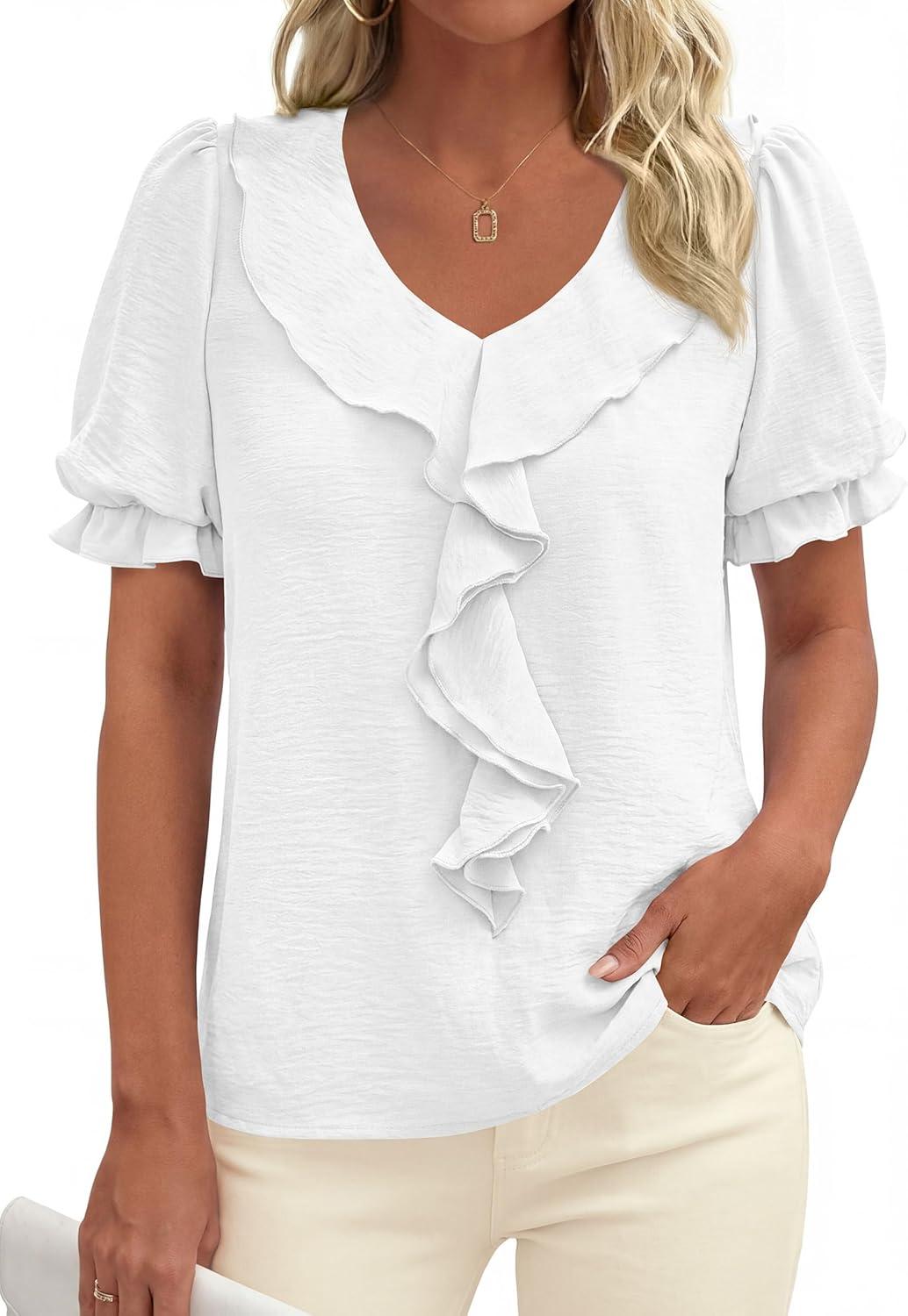 imagePRETTYGARDEN Womens Summer Dressy Casual Blouses 2026 Short Sleeve V Neck Ruffle Business Work Tops Trendy Spring OutfitsWhite