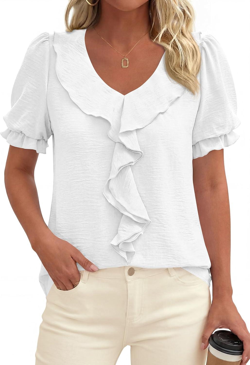 imagePRETTYGARDEN Womens Summer Dressy Casual Blouses 2026 Short Sleeve V Neck Ruffle Business Work Tops Trendy Spring OutfitsWhite