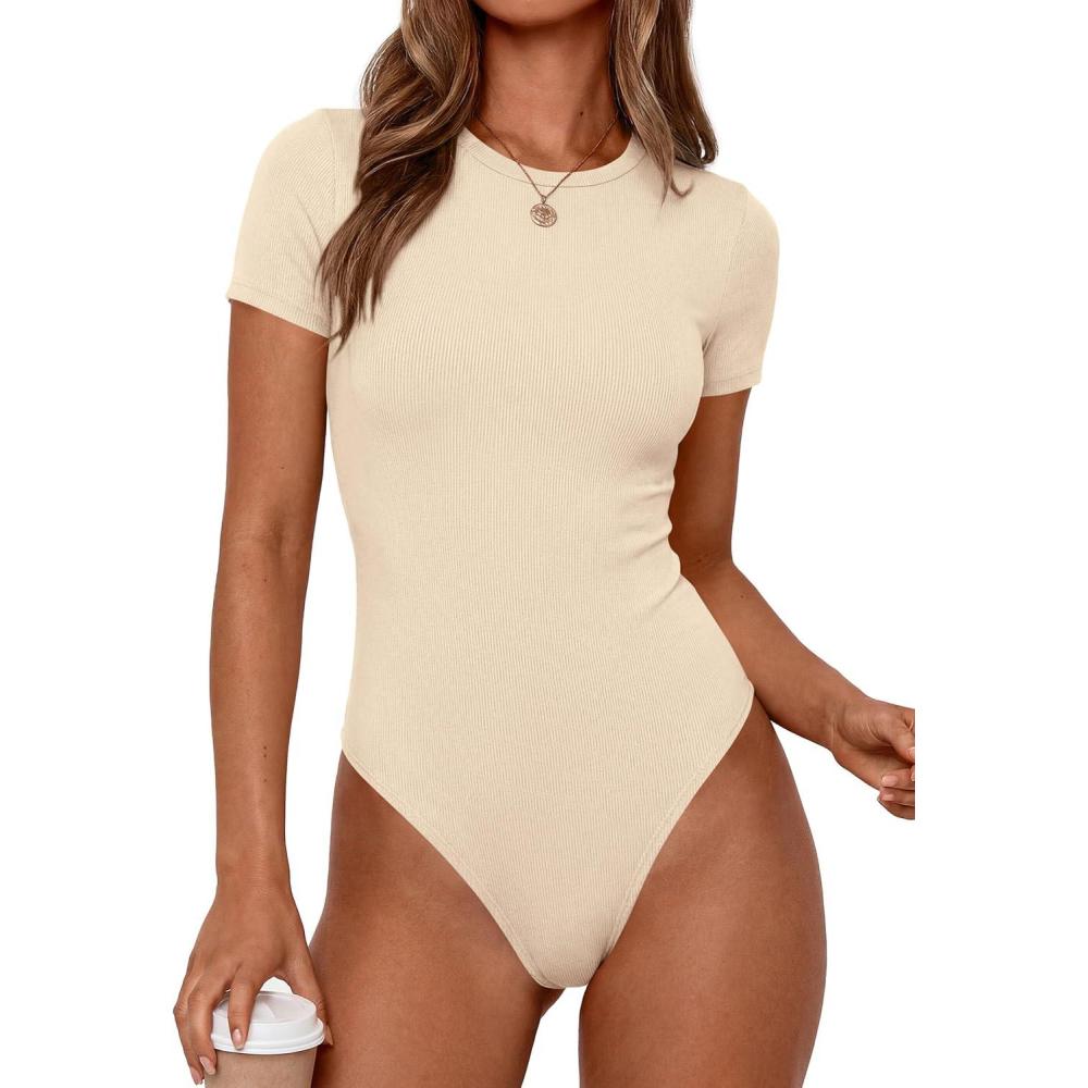 imagePRETTYGARDEN Body Suits for Womens Summer Tops 2026 Casual Short Sleeve Ribbed Fitted Basic Tee Shirts Spring Fashion ClothesBeige