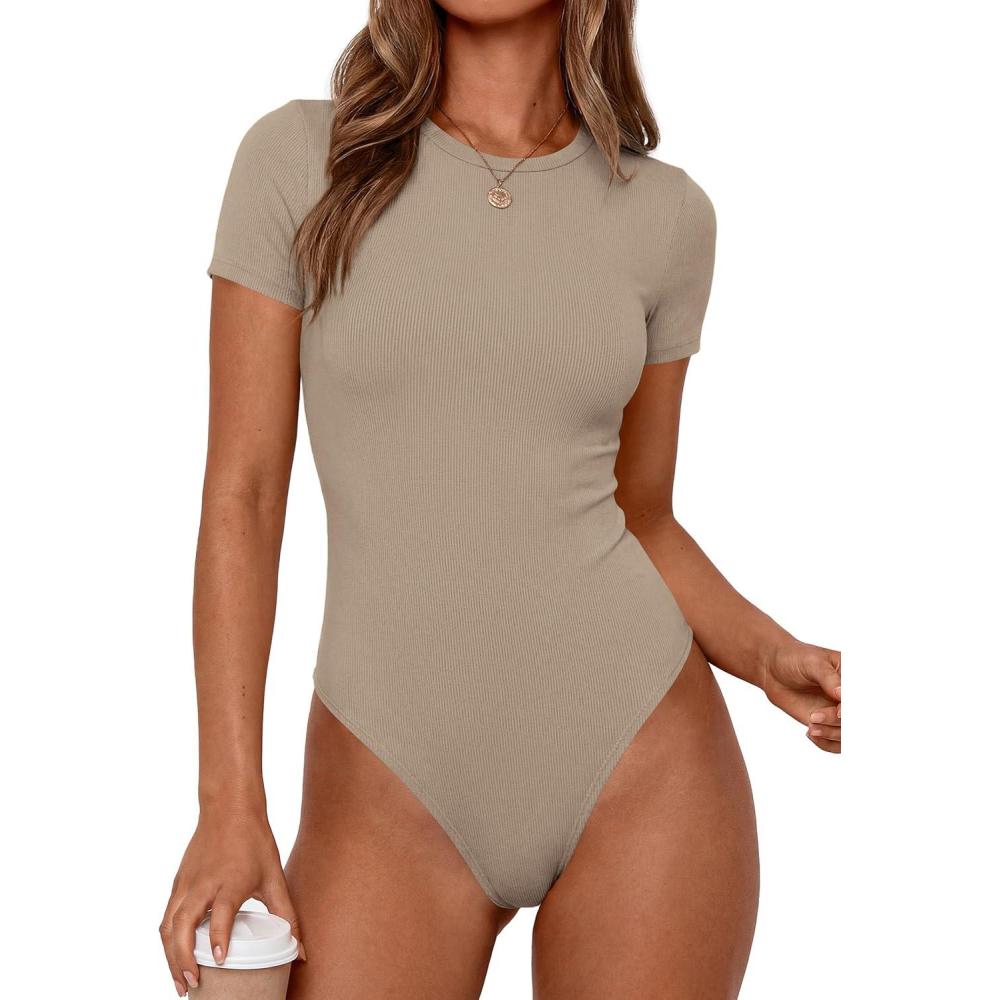 imagePRETTYGARDEN Body Suits for Womens Summer Tops 2026 Casual Short Sleeve Ribbed Fitted Basic Tee Shirts Spring Fashion ClothesLight Khaki