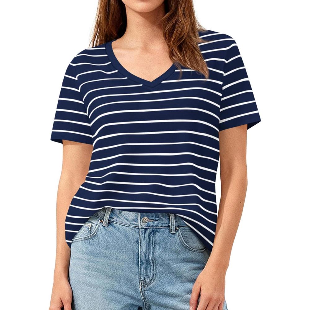 imagePRETTYGARDEN Short Sleeve Shirts for Women 2026 Spring V Neck Cute Tops Casual Striped Shirt Knitted Tees Summer OutfitsStriped Grey Blue White