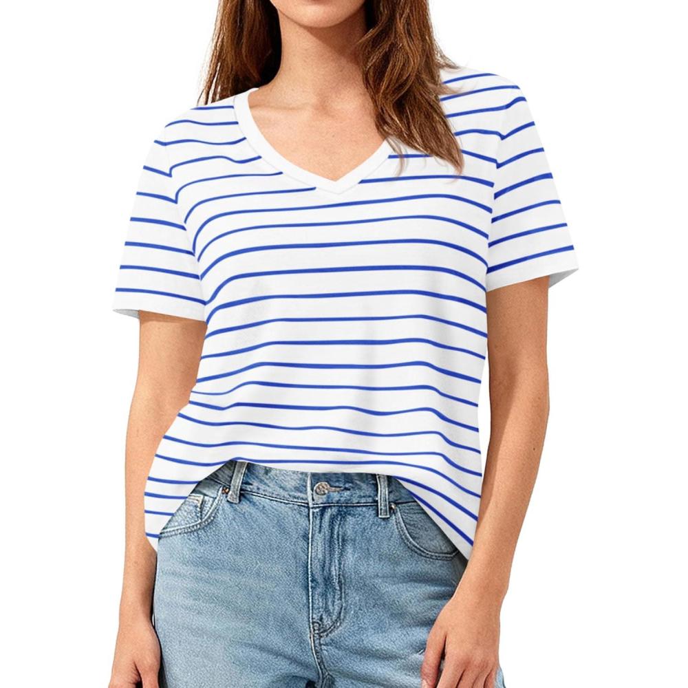 imagePRETTYGARDEN Short Sleeve Shirts for Women 2026 Spring V Neck Cute Tops Casual Striped Shirt Knitted Tees Summer OutfitsStriped White Blue