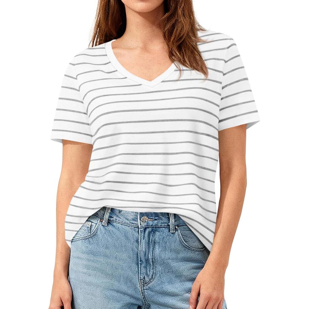 imagePRETTYGARDEN Short Sleeve Shirts for Women 2026 Spring V Neck Cute Tops Casual Striped Shirt Knitted Tees Summer OutfitsStriped White Grey