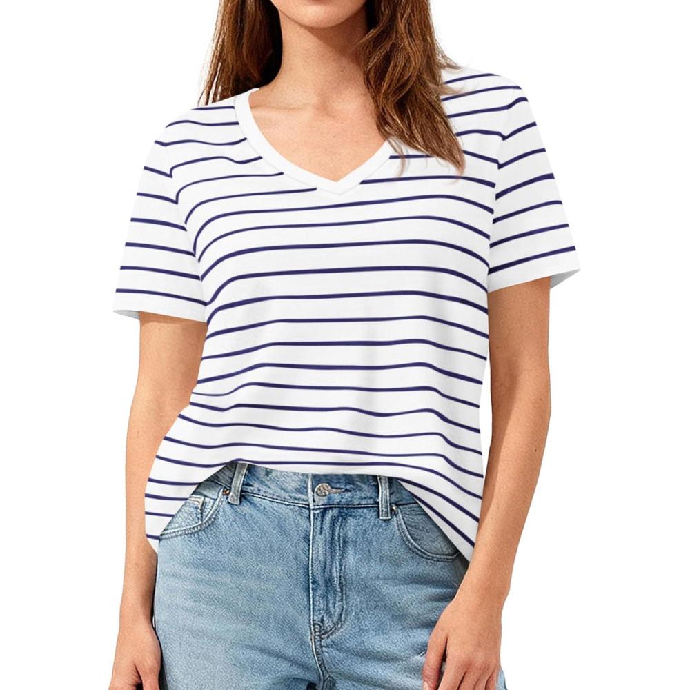 imagePRETTYGARDEN Short Sleeve Shirts for Women 2026 Spring V Neck Cute Tops Casual Striped Shirt Knitted Tees Summer OutfitsStriped White Navy