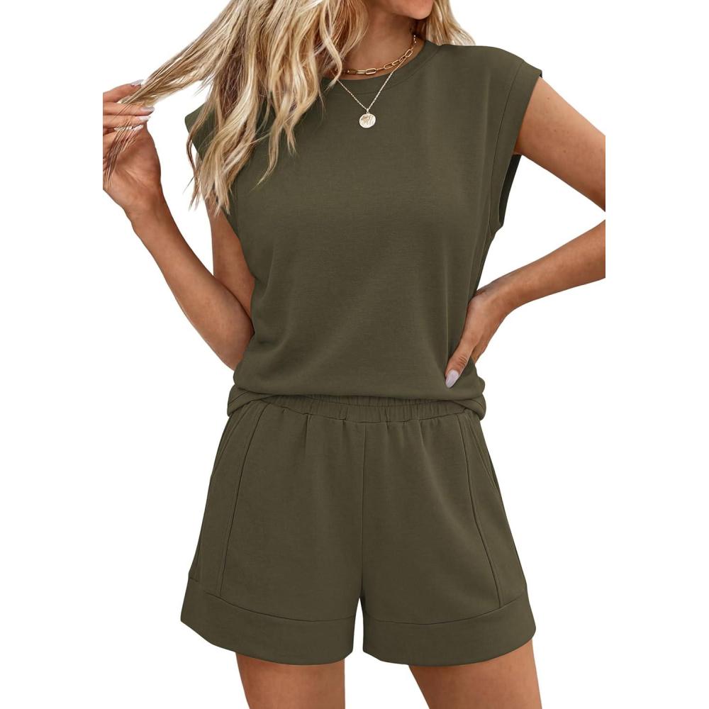 imagePRETTYGARDEN Two Piece Short Sets for Women Summer 2026 Matching Loungewear Travel Outfits Spring Beach Vacation ClothesArmy Green
