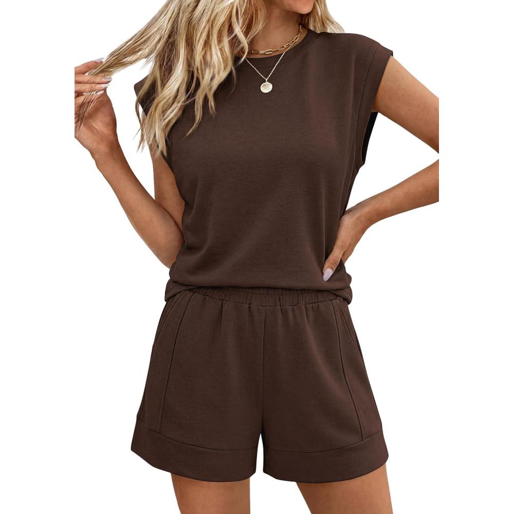 imagePRETTYGARDEN Two Piece Short Sets for Women Summer 2026 Matching Loungewear Travel Outfits Spring Beach Vacation ClothesBrown
