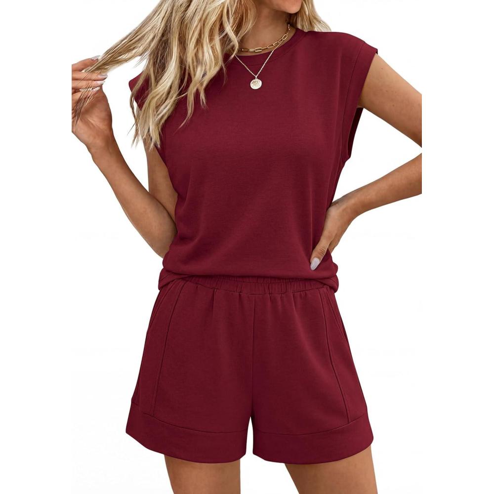 imagePRETTYGARDEN Two Piece Short Sets for Women Summer 2026 Matching Loungewear Travel Outfits Spring Beach Vacation ClothesBurgundy