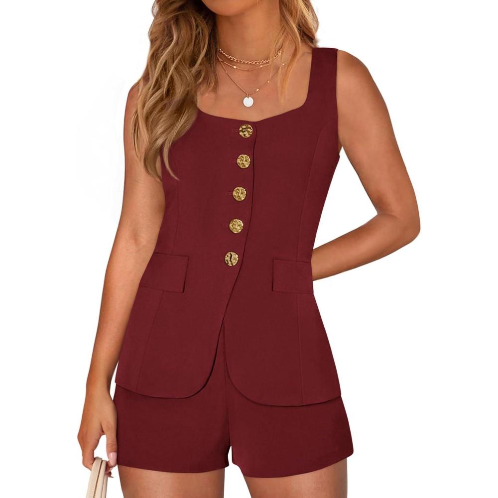 imagePRETTYGARDEN Womens 2 Piece Matching Sets 2026 Fashion Suit Vest Tops Shorts Set Spring Business Casual Vacation OutfitsWine Red