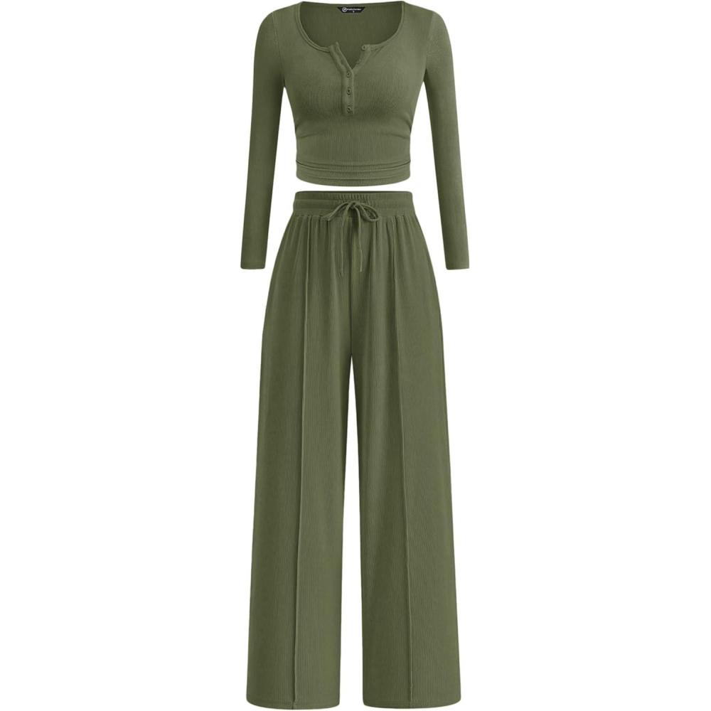 imagePRETTYGARDEN Womens 2026 Fall Trendy 2 Piece Outfits Lounge Sets Long Sleeve Top Henley Shirts Wide Leg Pants Travel ClothesArmy Green