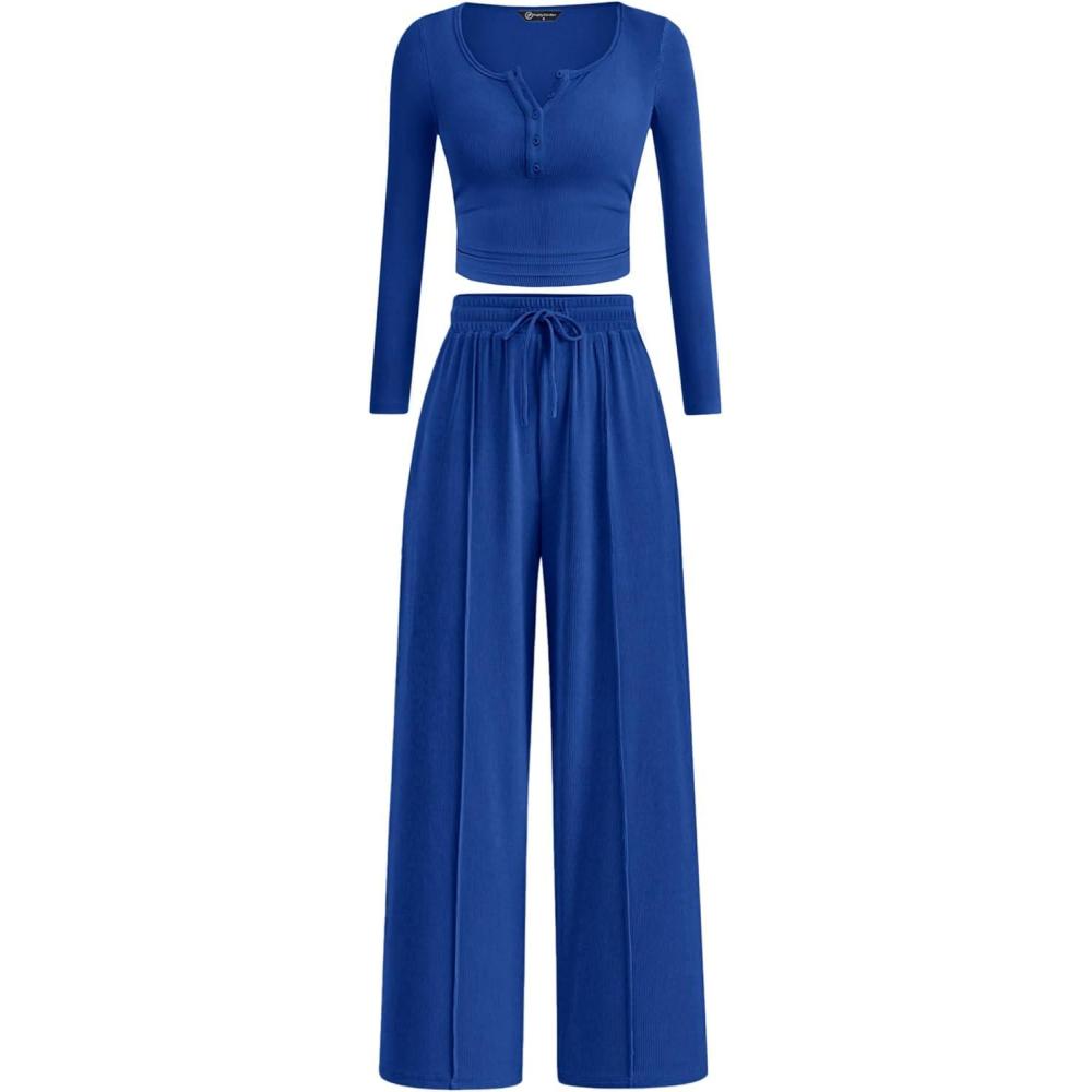 imagePRETTYGARDEN Womens 2026 Fall Trendy 2 Piece Outfits Lounge Sets Long Sleeve Top Henley Shirts Wide Leg Pants Travel ClothesBlue