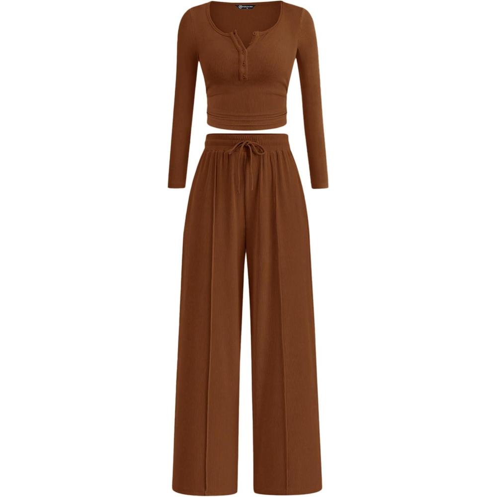 imagePRETTYGARDEN Womens 2026 Fall Trendy 2 Piece Outfits Lounge Sets Long Sleeve Top Henley Shirts Wide Leg Pants Travel ClothesBrown