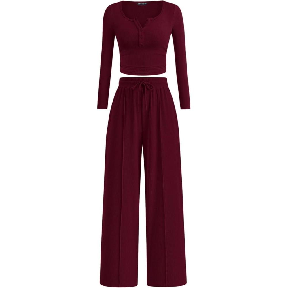 imagePRETTYGARDEN Womens 2026 Fall Trendy 2 Piece Outfits Lounge Sets Long Sleeve Top Henley Shirts Wide Leg Pants Travel ClothesBurgundy