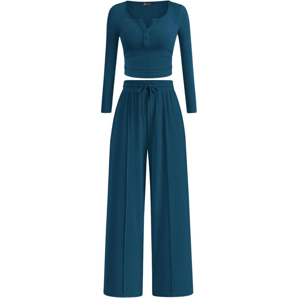 imagePRETTYGARDEN Womens 2026 Fall Trendy 2 Piece Outfits Lounge Sets Long Sleeve Top Henley Shirts Wide Leg Pants Travel ClothesDark Blue