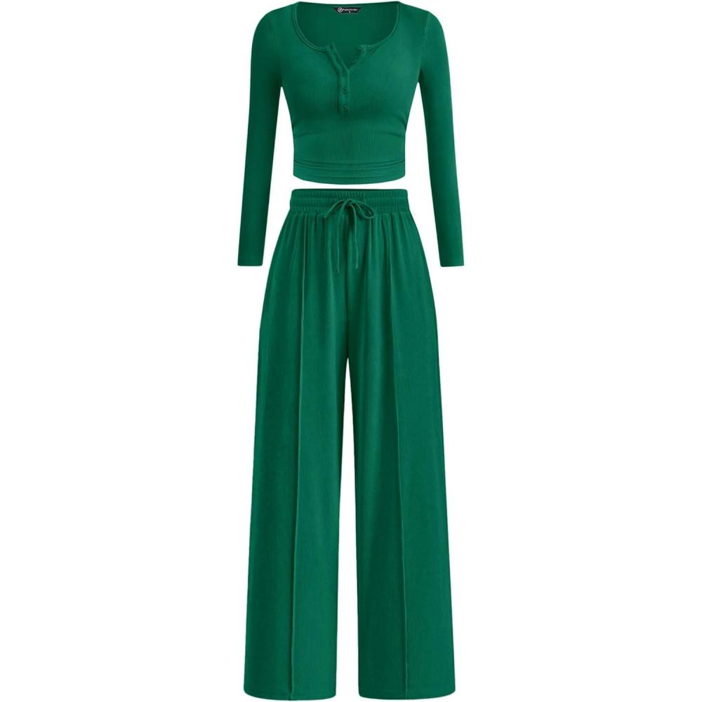 imagePRETTYGARDEN Womens 2026 Fall Trendy 2 Piece Outfits Lounge Sets Long Sleeve Top Henley Shirts Wide Leg Pants Travel ClothesGreen