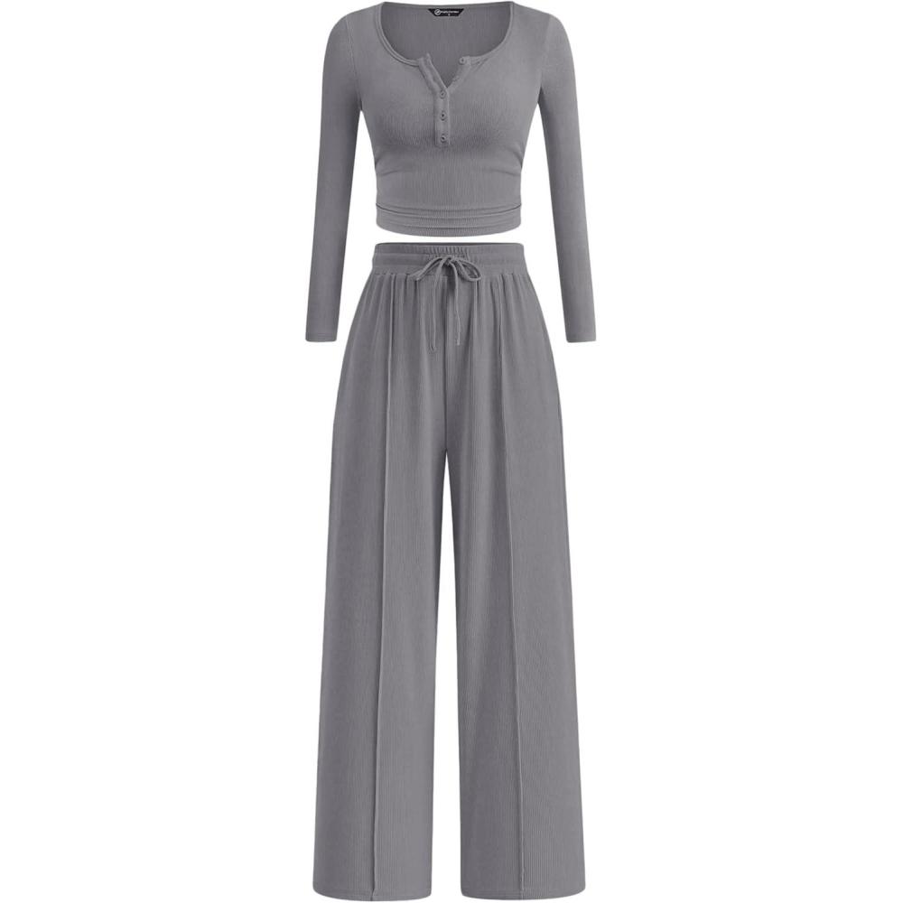 imagePRETTYGARDEN Womens 2026 Fall Trendy 2 Piece Outfits Lounge Sets Long Sleeve Top Henley Shirts Wide Leg Pants Travel ClothesGrey