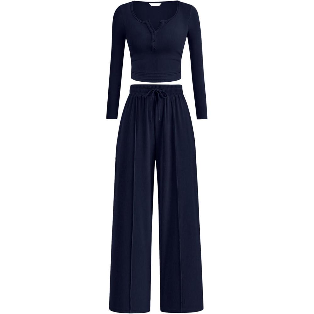 imagePRETTYGARDEN Womens 2026 Fall Trendy 2 Piece Outfits Lounge Sets Long Sleeve Top Henley Shirts Wide Leg Pants Travel ClothesNavy Blue