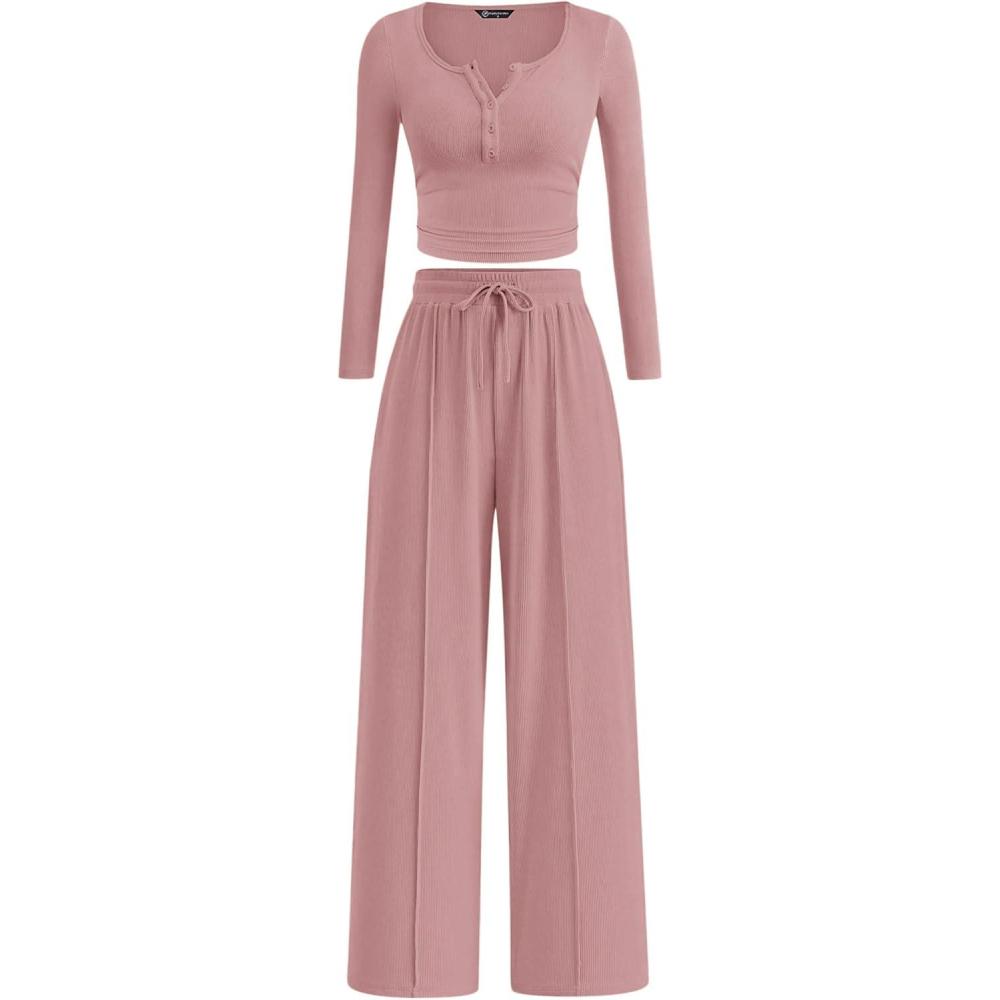 imagePRETTYGARDEN Womens 2026 Fall Trendy 2 Piece Outfits Lounge Sets Long Sleeve Top Henley Shirts Wide Leg Pants Travel ClothesPink