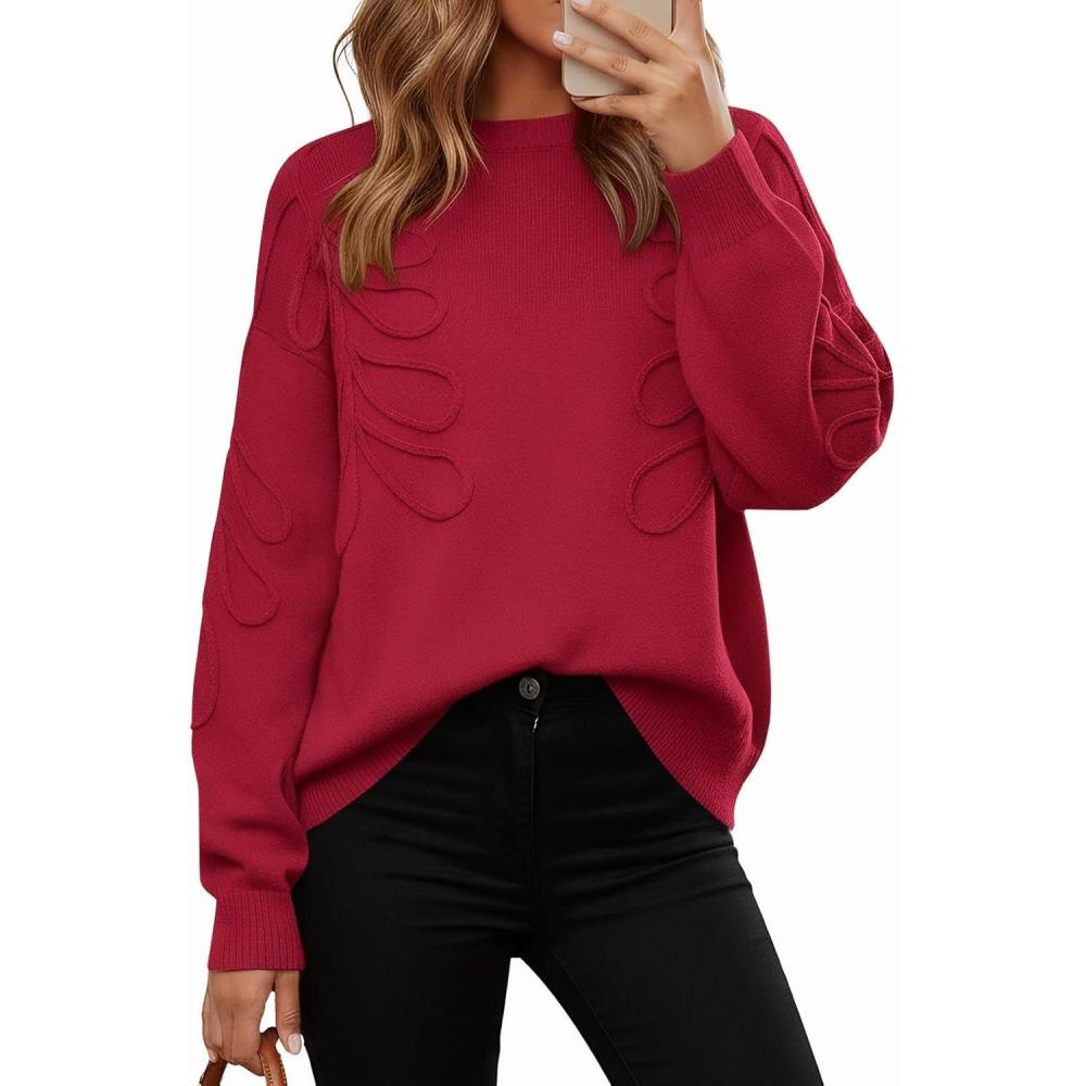 imagePRETTYGARDEN Womens Oversized Sweater 2025 Crewneck Long Sleeve Ribbed Knit Pullover Sweaters Tops Fall Fashion OutfitsRed