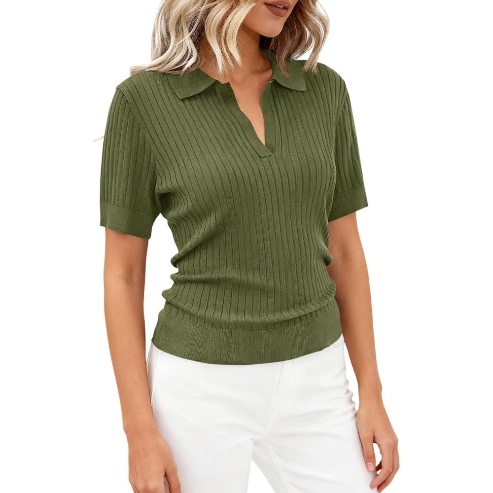imagePRETTYGARDEN Womens Short Sleeve Sweater 2026 Spring Polo Shirts Ribbed Knit V Neck Business Casual Tops Summer Work ClothesArmy Green