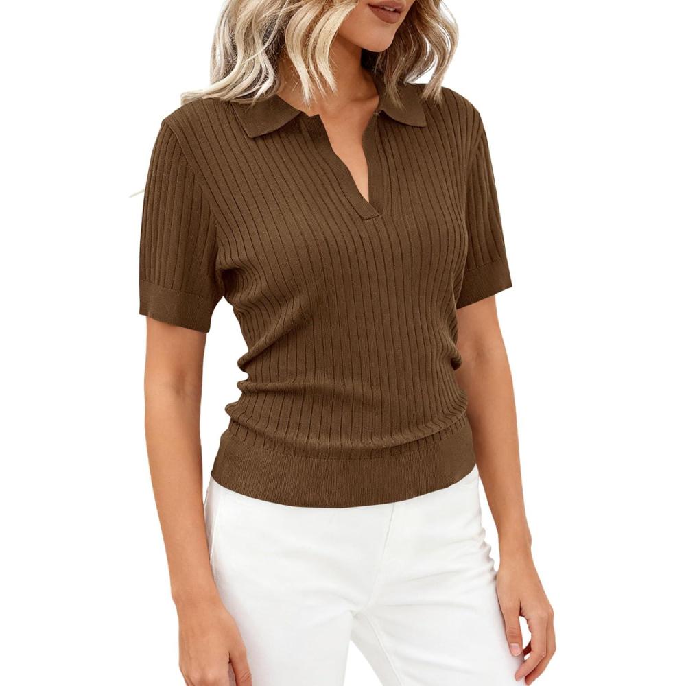 imagePRETTYGARDEN Womens Short Sleeve Sweater 2026 Spring Polo Shirts Ribbed Knit V Neck Business Casual Tops Summer Work ClothesBrown