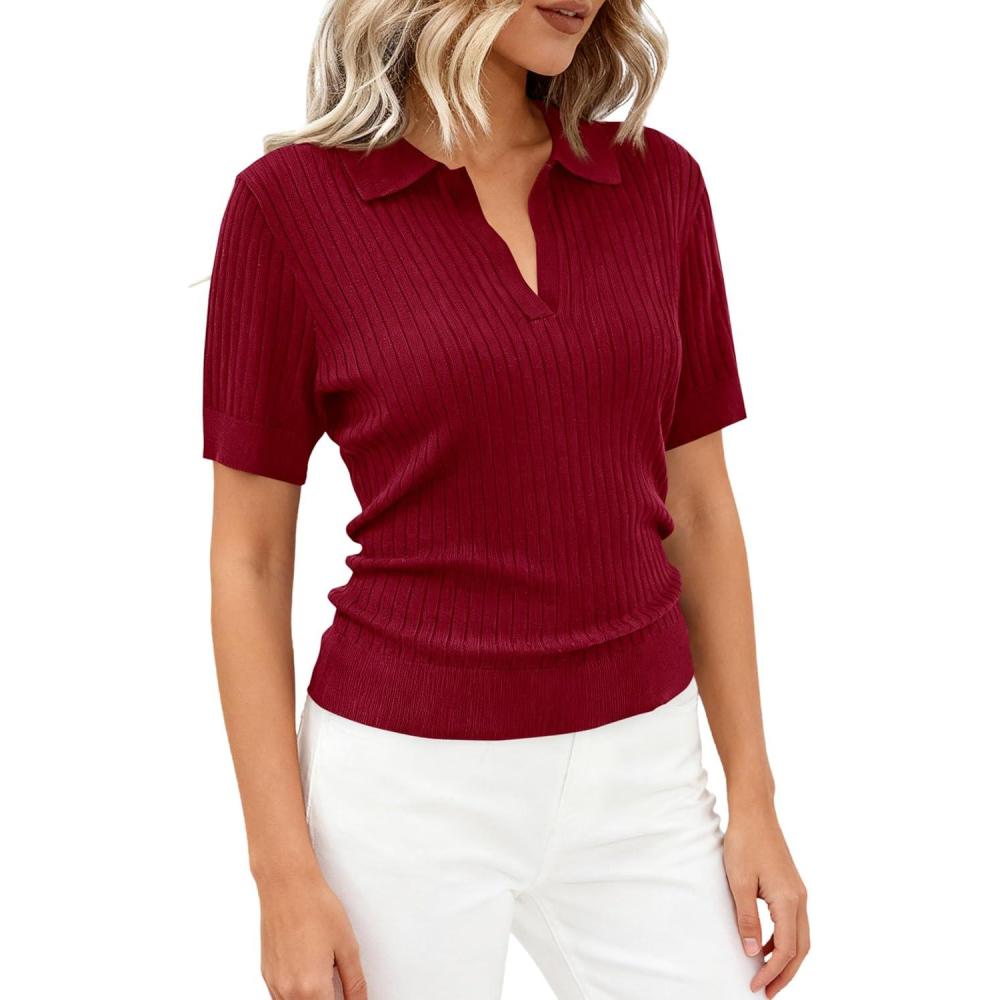 imagePRETTYGARDEN Womens Short Sleeve Sweater 2026 Spring Polo Shirts Ribbed Knit V Neck Business Casual Tops Summer Work ClothesBurgundy