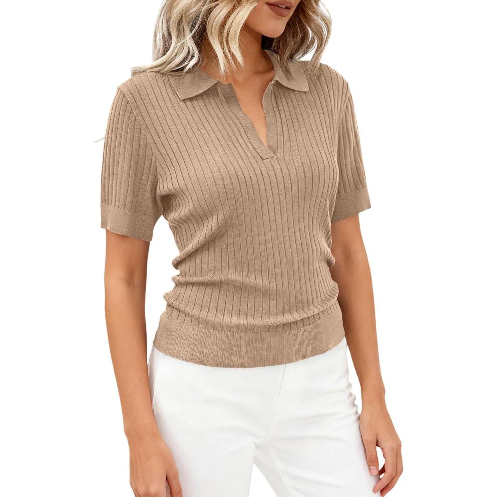 imagePRETTYGARDEN Womens Short Sleeve Sweater 2026 Spring Polo Shirts Ribbed Knit V Neck Business Casual Tops Summer Work ClothesKhaki