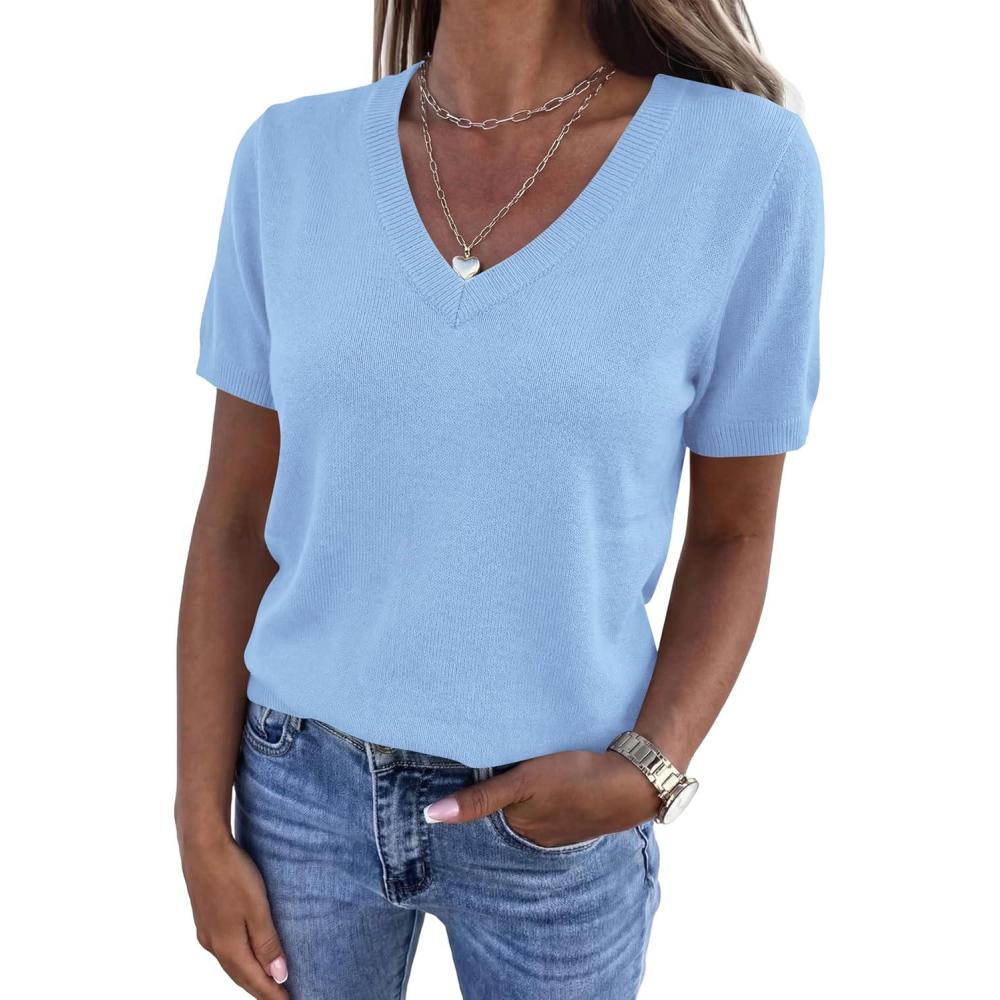imagePRETTYGARDEN Womens Short Sleeve Sweater V Neck Trendy Pullover Tops 2026 Summer Spring Loose Lightweight Casual BlouseLight Blue